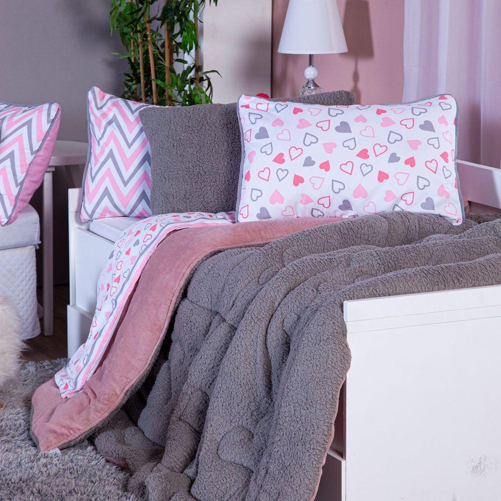 Coberdrom Corações Rosê/cinza Solteiro 02 Peças - Dupla Face Sherpa E Mantinha - 7