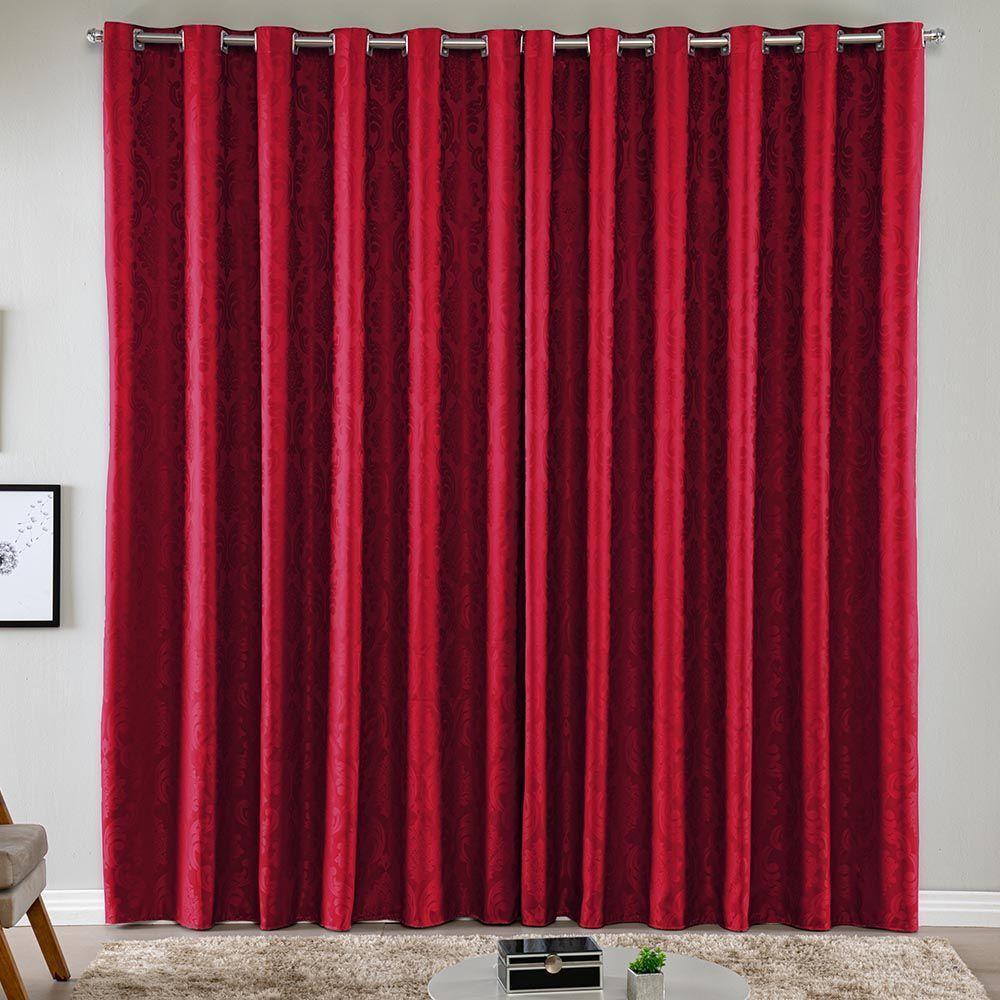 Cortina Turin Jacquard Semiblackout Floral 4,00x2,80m Para Sala Quarto Varão 4m Ilhóses - Vermelho - 1