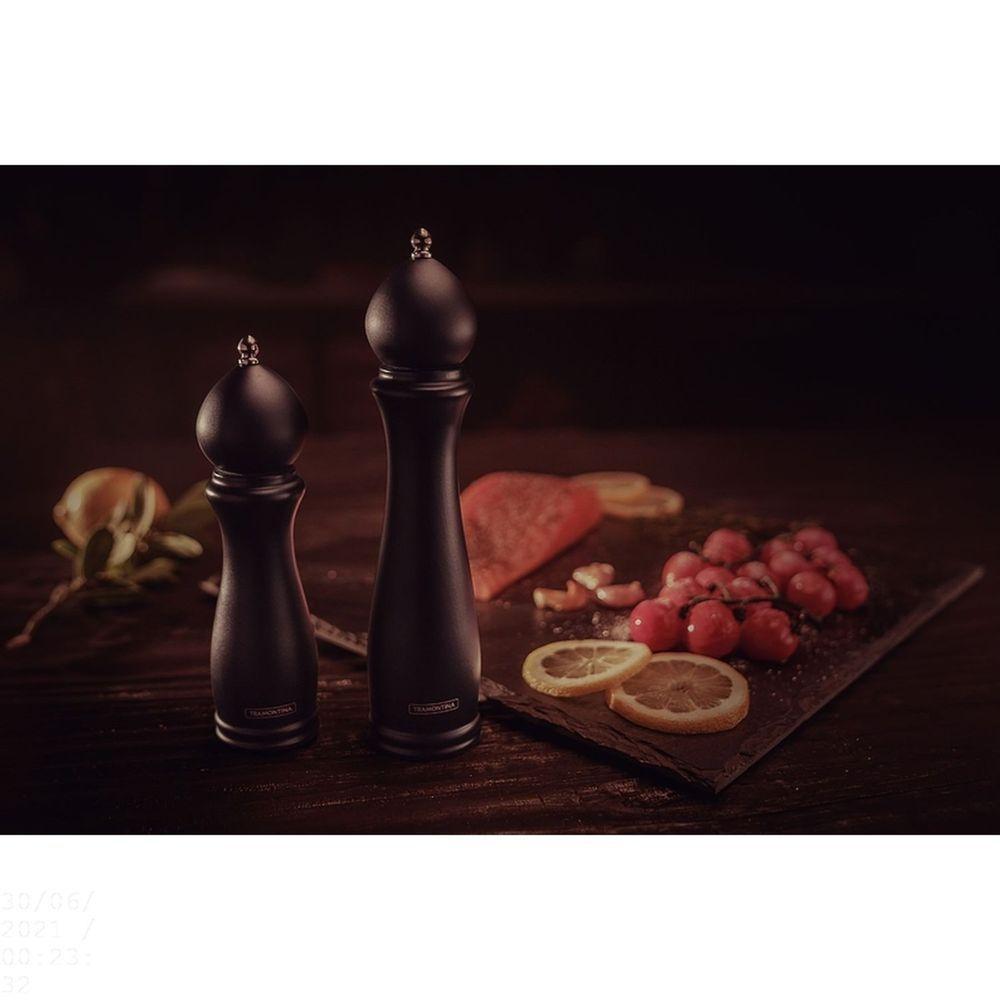 Moedor De Pimenta E Sal Churrasco Black Em Cerâmica Com Recipiente De Madeira 8" - 2