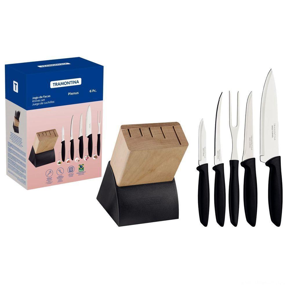 Jogo De Facas Plenus Lâminas Aço Inox Cabos De Polipropileno Suporte De Madeira 6 Peças - 6