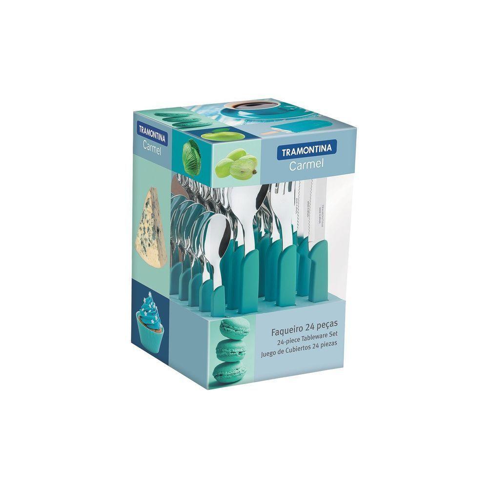 Faqueiro Carmel Com Lâminas Em Aço Inox E Cabos De Polipropileno Turquesa Médio 24 Peças - 3
