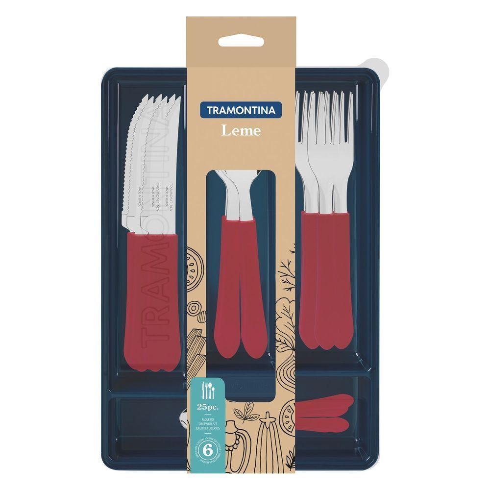 Faqueiro Leme Com Lâminas Em Aço Inox E Cabos De Polipropileno Vermelho Com Gaveteiro 25 - 2