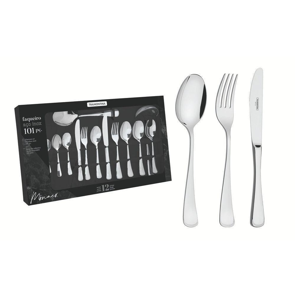 Faqueiro Mônaco Em Aço Inox Com Facas De Mesa Acabamento Alto Brilho Com Detalhes No Cabo - 1