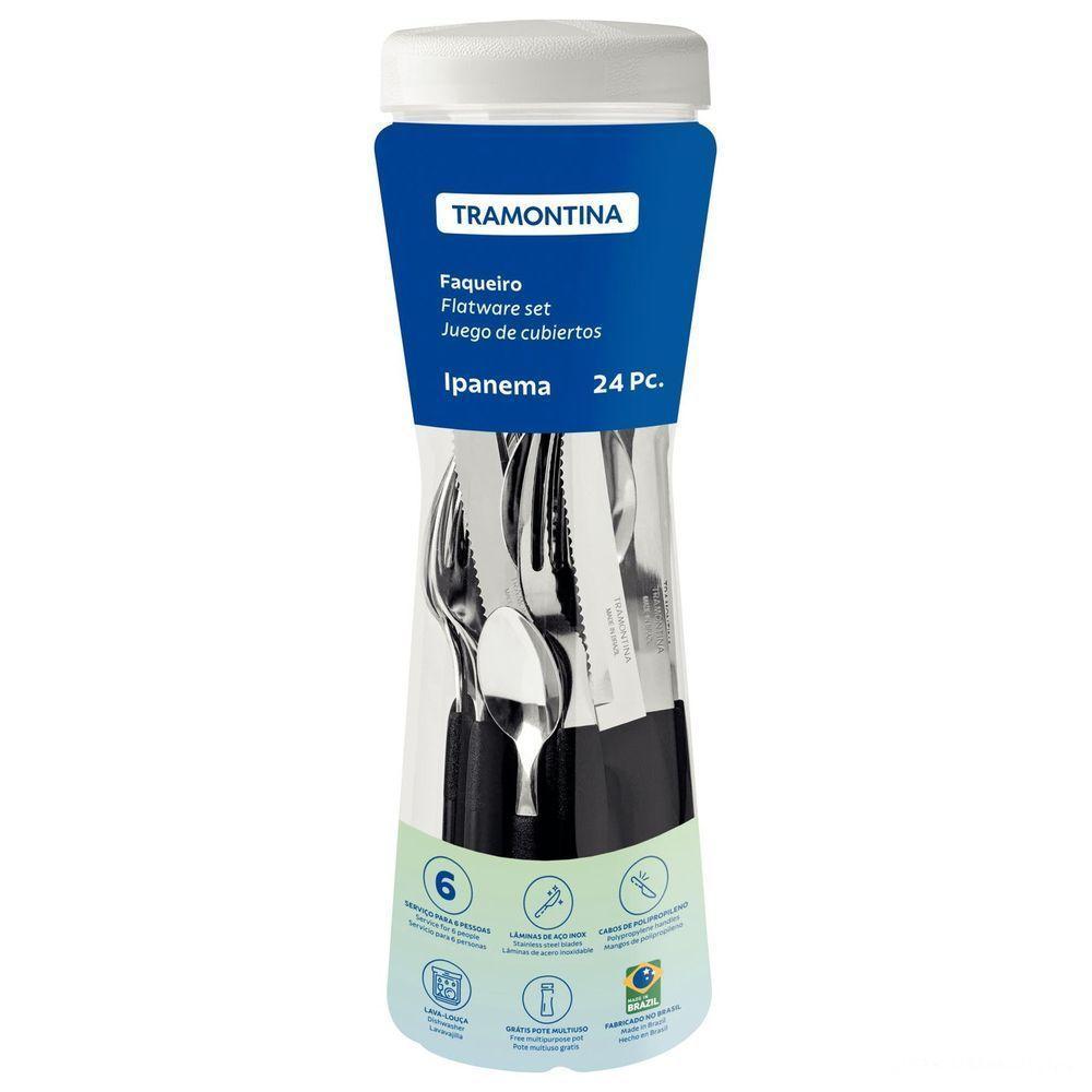 Faqueiro Ipanema Com Lâminas Em Aço Inox E Cabos De Polipropileno Preto Com Pote Plástico - 1