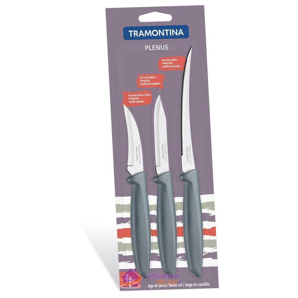 Jogo De Facas Plenus Com Lâminas Em Aço Inox E Cabos De Polipropileno Cinza 3 Peças - 1