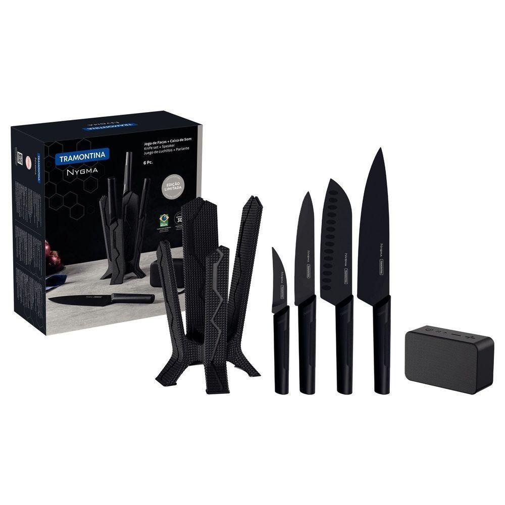 Jogo De Facas Nygma Com Lâmina Em Aço Inox E Cabos De Polipropileno Preto Com Suporte E C - 1