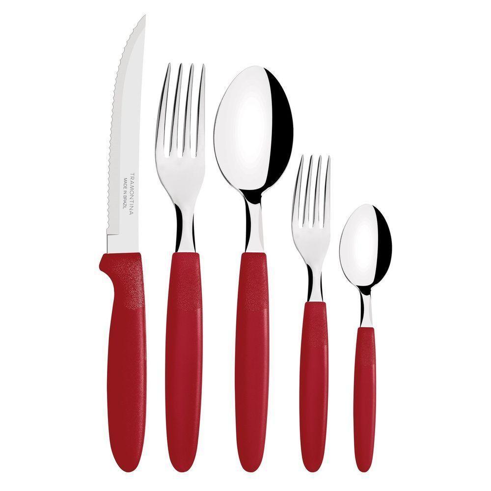 Faqueiro Ipanema Com Lâminas Em Aço Inox E Cabos De Polipropileno Vermelho Com Pote Plást - 3