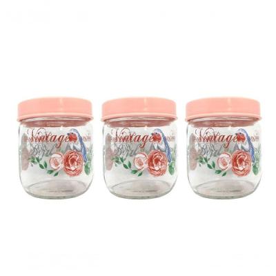 Jogo 3 Potes Vidro Vintage Bird 425Ml Tampa Rosê Com Rosca