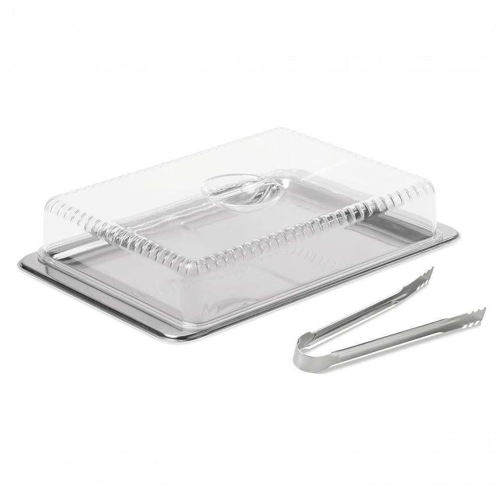 Kit Porta Frios 3 Peças Inox Empilhável (bandeja 27cm X 18,5cm / Cúpula 23cm X 18cm X 5,8cm E Pinça - 1