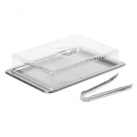 Kit Porta Frios 3 Peças Inox Empilhável (bandeja 27cm X 18,5cm / Cúpula 23cm X 18cm X 5,8cm E Pinça - 1