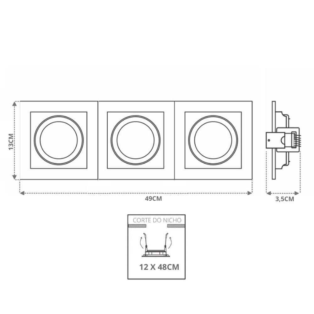 Spot De Embutir Quadrado Recuado Triplo Ar111 Direcionável Branco Com Preto - 2