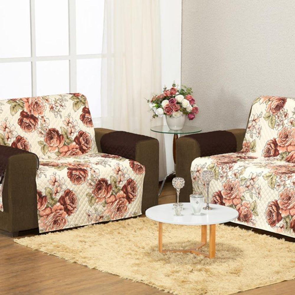 Protetor Capa De Sofa Aquarela Estampado 2 E 3 Lugares - Floral Marrom - 1