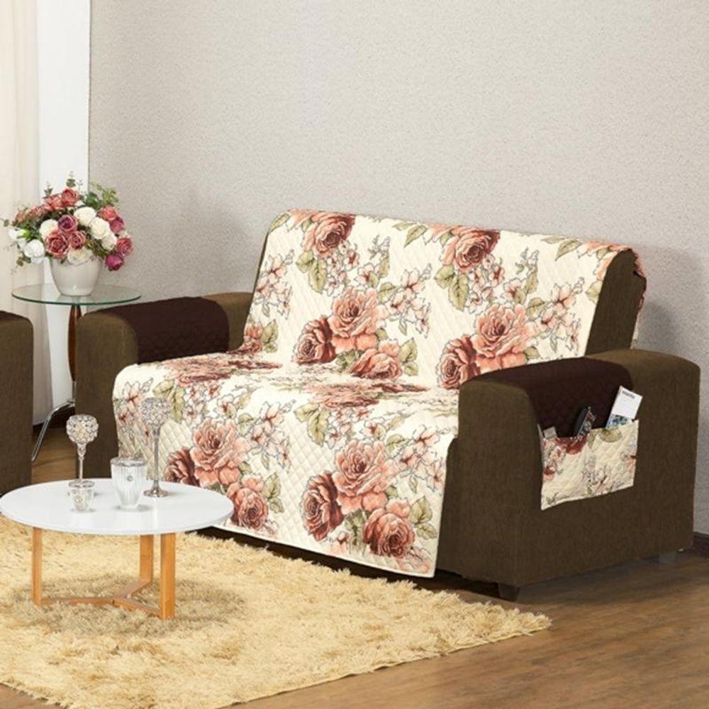 Protetor Capa De Sofa Aquarela Estampado 2 E 3 Lugares - Floral Marrom - 3