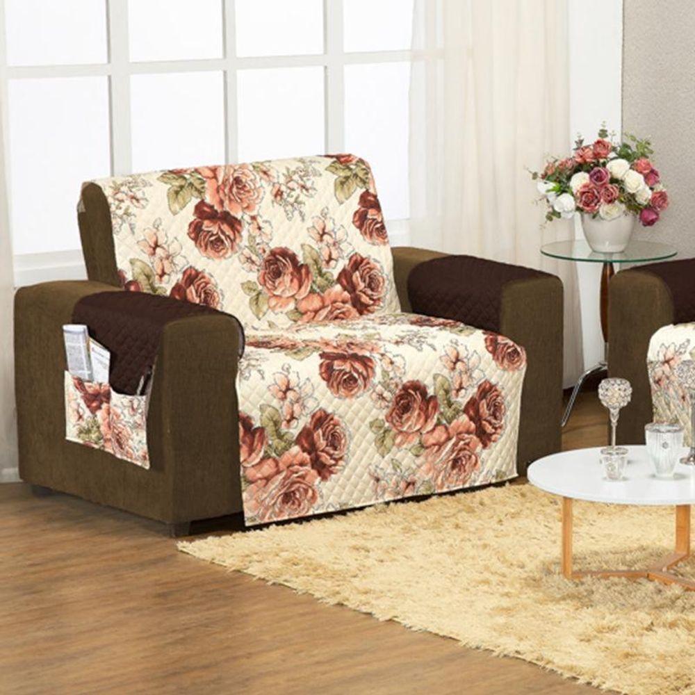 Protetor Capa De Sofa Aquarela Estampado 2 E 3 Lugares - Floral Marrom - 4