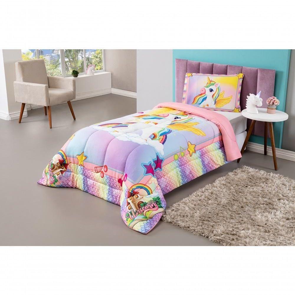 Kit Edredom Plush Fofinho Infantil Dupla Face Dream 2 Peças Solteiro - Unicórnio - 5