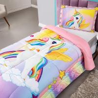 Kit Edredom Plush Fofinho Infantil Dupla Face Dream 2 Peças Solteiro - Unicórnio