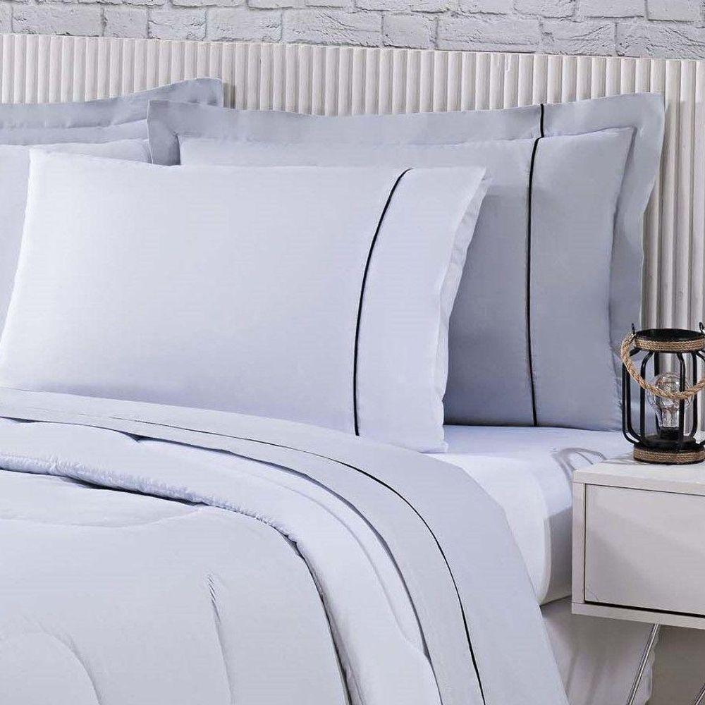 Kit Edredom 100% Algodão Percal 150 Fios Dupla Face King + Jogo De Cama 7 Peças - Branco- Cinza - 2