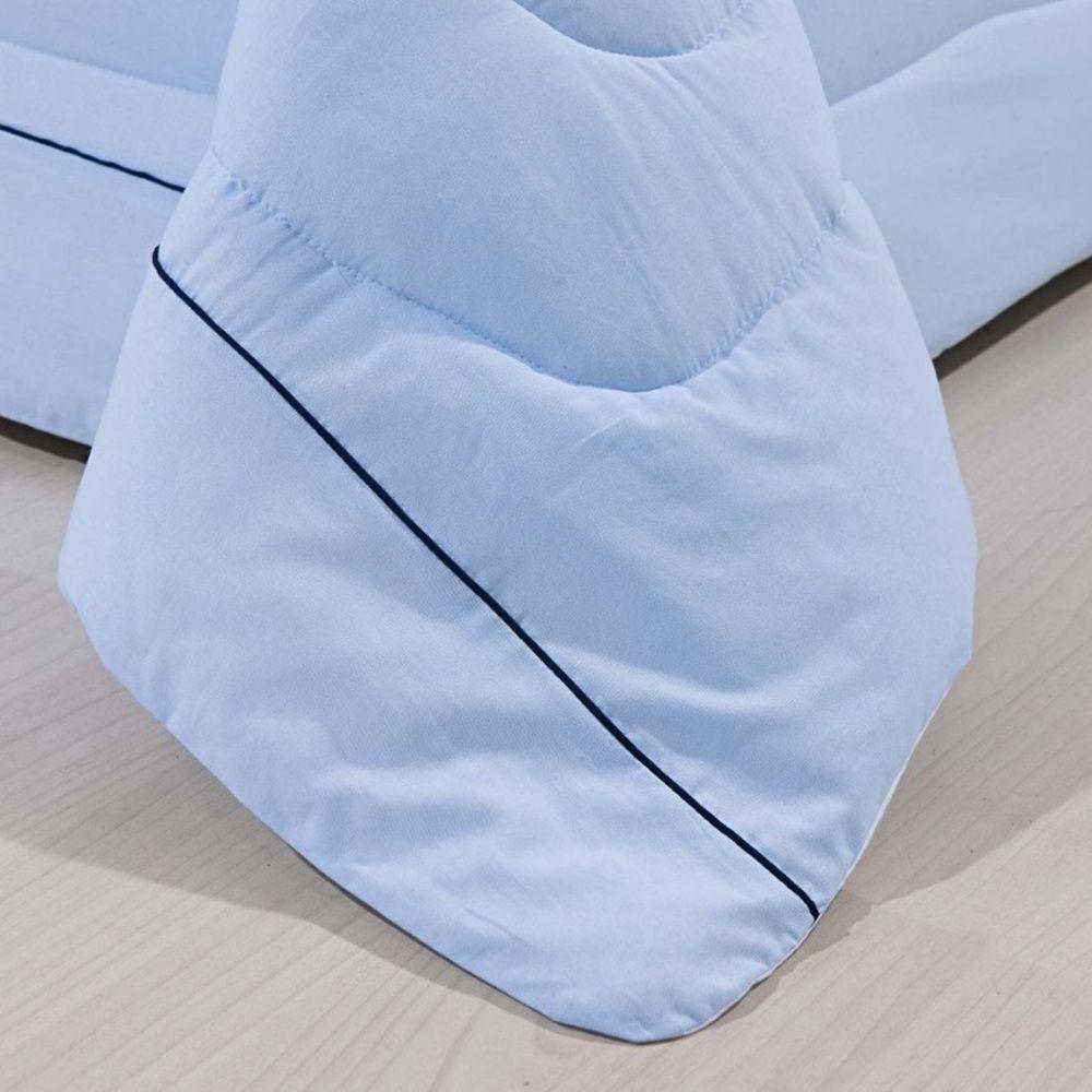 Kit Edredom 100% Algodão Percal 150 Fios Dupla Face Solteiro + Jogo De Cama 5 Peças - Azul-branco - 4