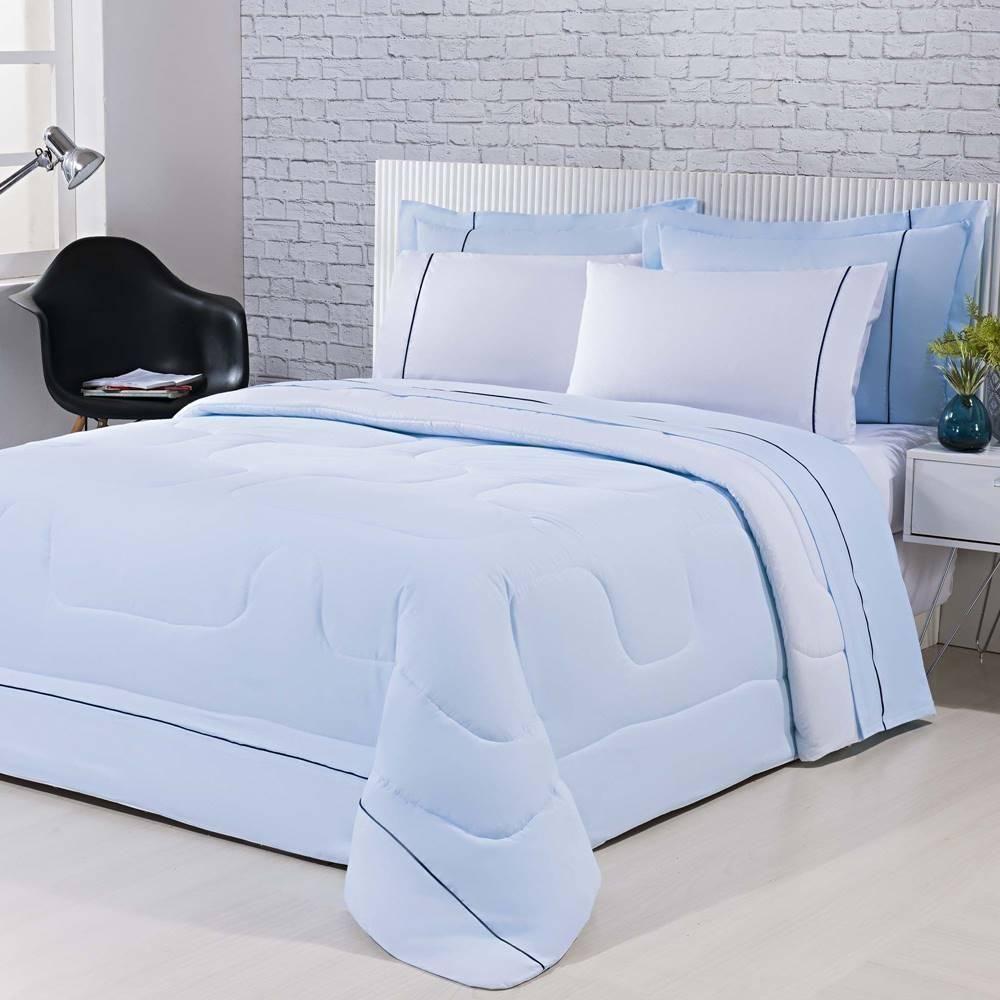 Kit Edredom 100% Algodão Percal 150 Fios Dupla Face King + Jogo De Cama 7 Peças - Branco- Azul - 1