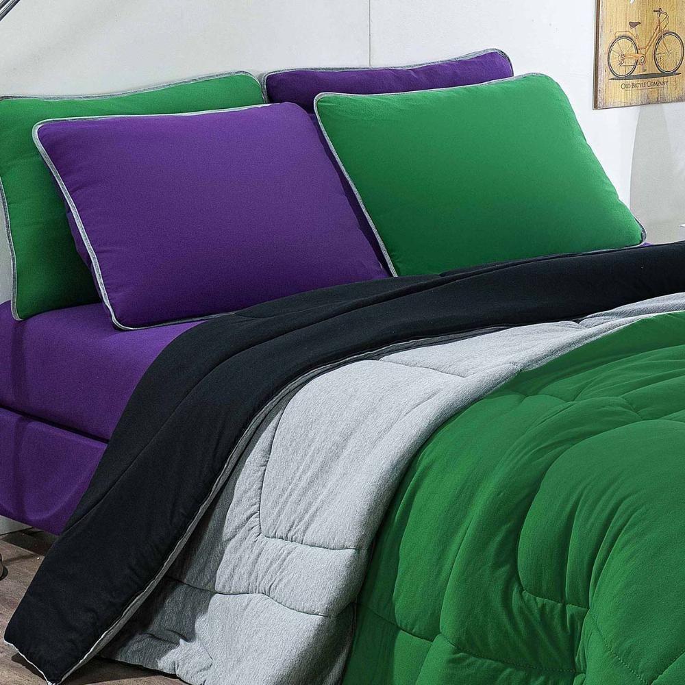 Kit Edredom + Jogo De Lençol Malha 100% Algodão Urbano 7 Peças Casal - Verde Bandeira-mescla-roxo - 1