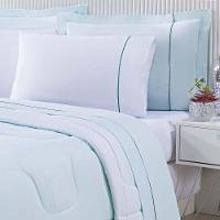 Kit Edredom 100% Algodão Percal 150 Fios Dupla Face Solteiro + Jogo De Cama 5 Peças - Verde-branco - 7