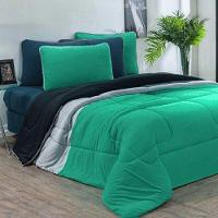 Kit Edredom + Jogo De Lençol Malha 100% Algodão 5 Peças Solteiro - Verde Jade-mescla-azul Petroleo - 3