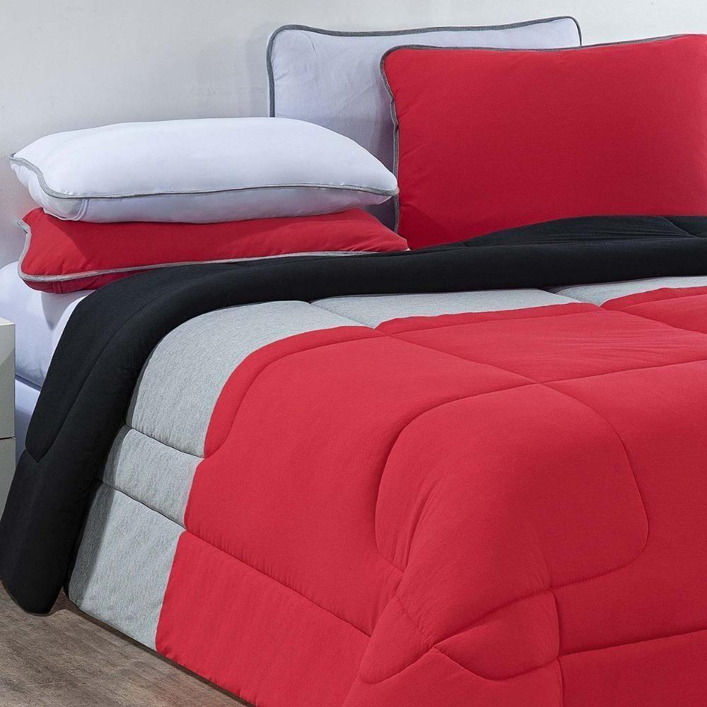 Kit Edredom + Jogo De Lençol Malha 100% Algodão Urbano 5 Peças Solteiro - Vermelho-mescla-branco - 1