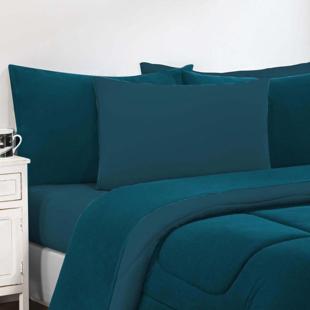 Kit Edredom + Jogo De Lençol Malha 100% Algodão 7 Peças King - Azul Petróleo-azul Petróleo - 3