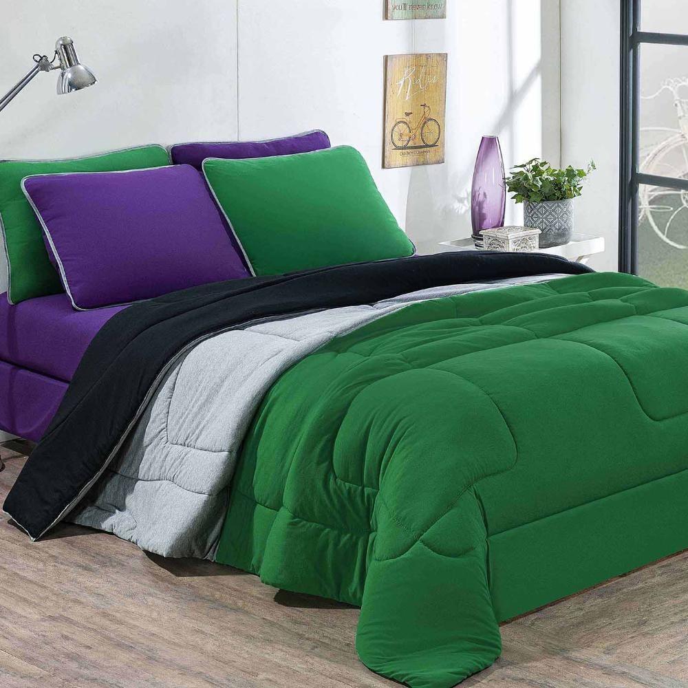 Kit Edredom + Jogo De Lençol Malha 100% Algodão Urbano 6 Peças Casal - Verde Bandeira-mescla-roxo - 2
