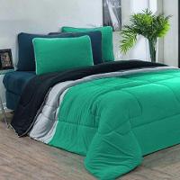 Kit Edredom + Jogo De Lençol Malha 100% Algodão 4 Peças Solteiro - Verde Jade-mescla-azul Petroleo - 2
