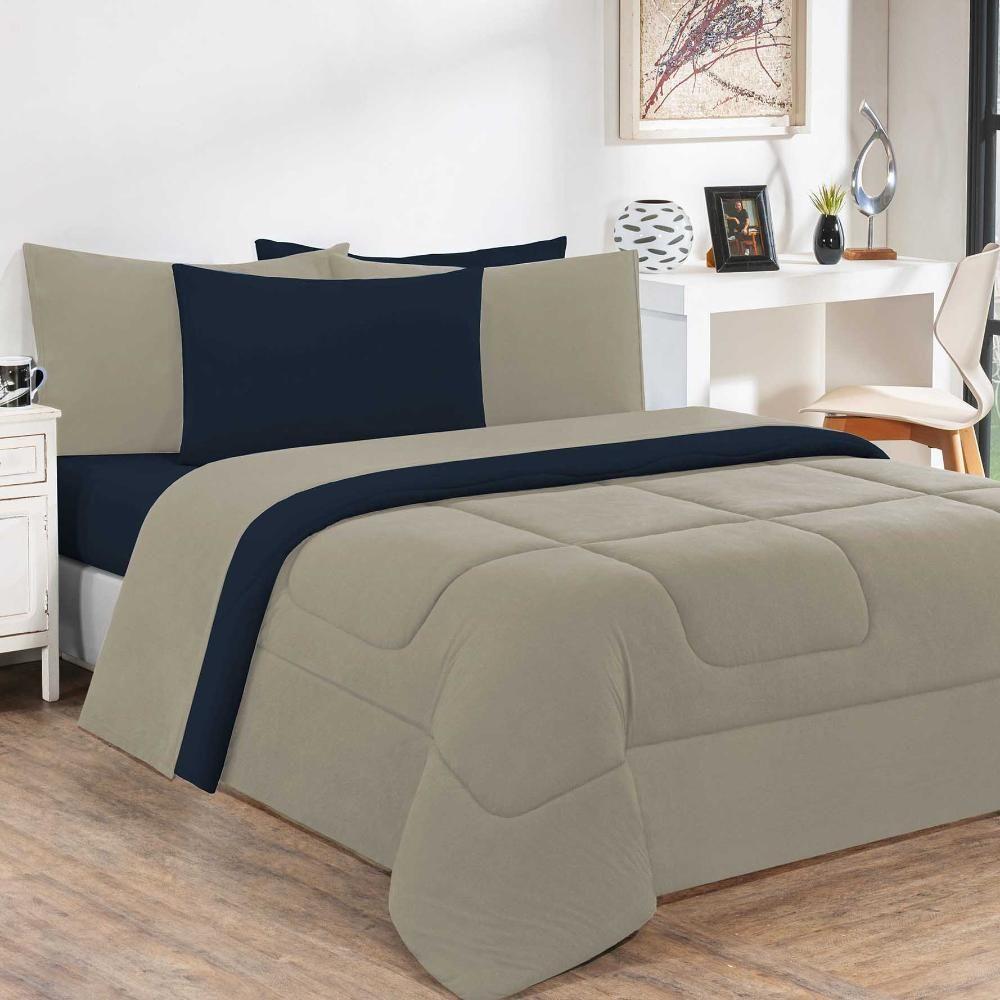 Kit Edredom + Jogo De Lençol Malha 100% Algodão Gran Moratta 7 Peças Queen - Avelã-azul Marinho - 1