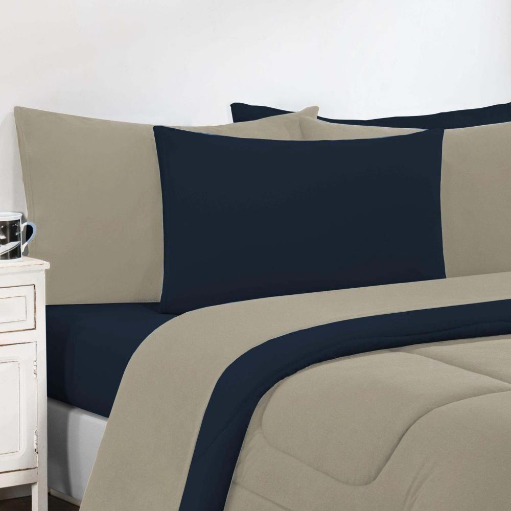 Kit Edredom + Jogo De Lençol Malha 100% Algodão Gran Moratta 7 Peças Queen - Avelã-azul Marinho - 4