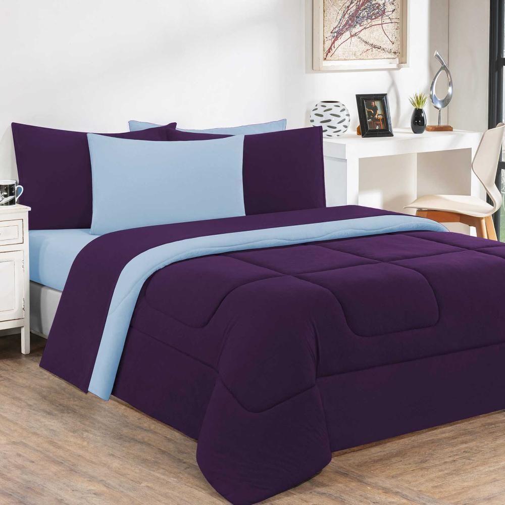 Kit Edredom Malha 100% Algodão Gran Moratta 3 Peças Casal - Roxo -azul Bebê - 1