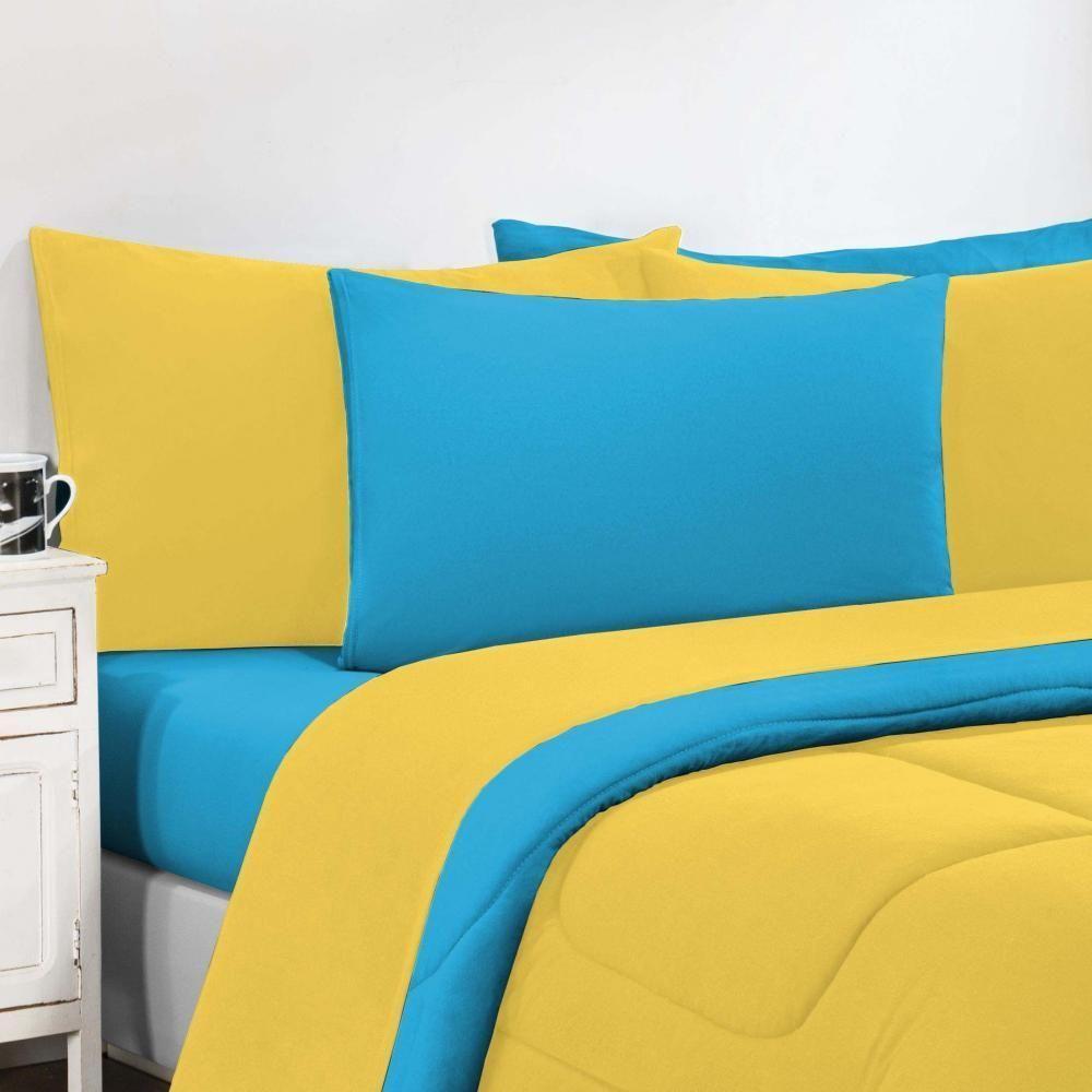 Kit Edredom Malha 100% Algodão Gran Moratta 2 Peças Solteiro - Amarelo-azul Turquesa - 3