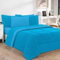 Kit Edredom + Jogo De Lençol Malha 100% Algodão 6 Peças Casal - Azul Turquesa-azul Turquesa - 1