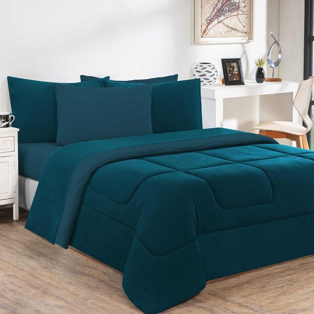 Kit Edredom + Jogo De Lençol Malha 100% Algodão 7 Peças Casal - Azul Petróleo-azul Petróleo - 1
