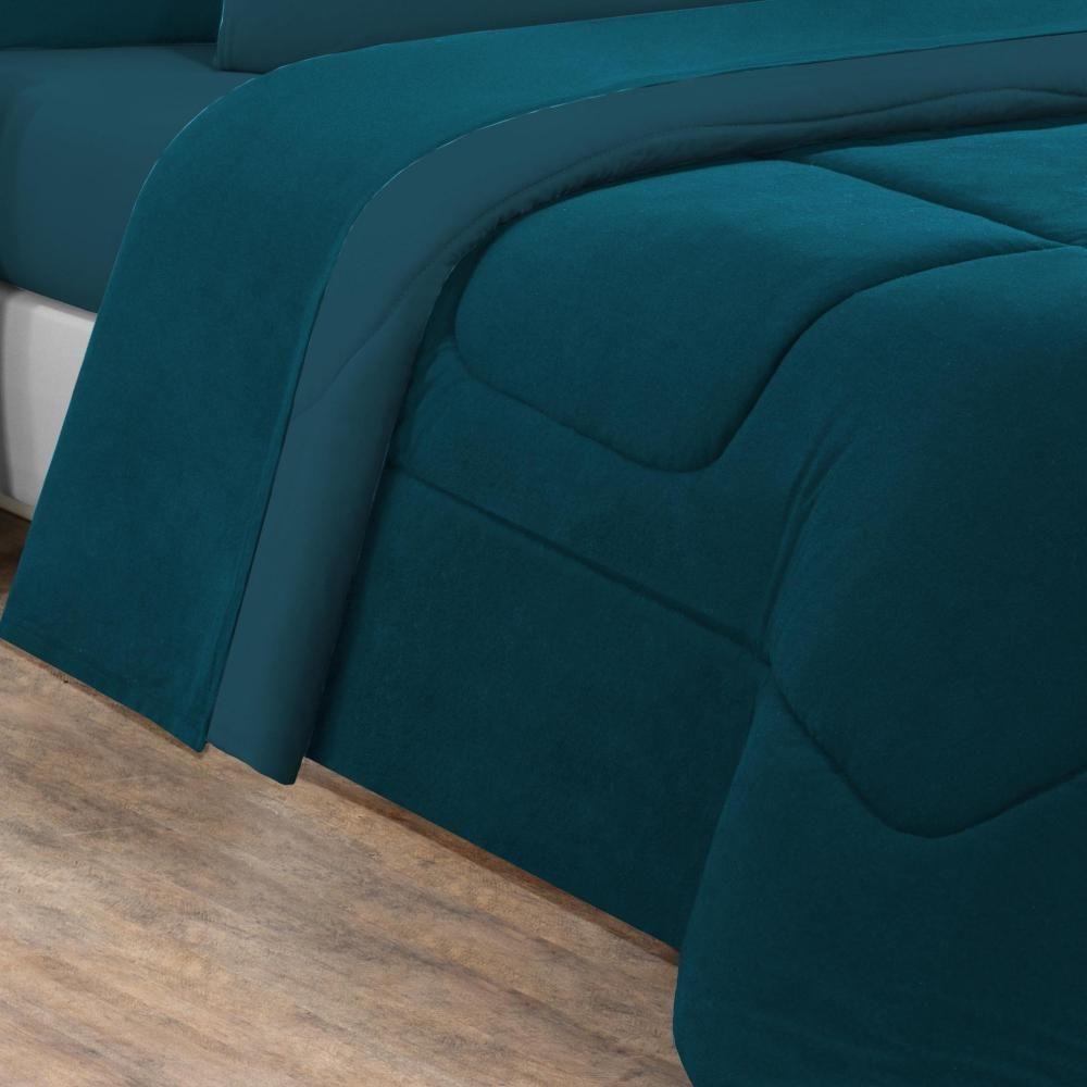 Kit Edredom + Jogo De Lençol Malha 100% Algodão 7 Peças Casal - Azul Petróleo-azul Petróleo - 2