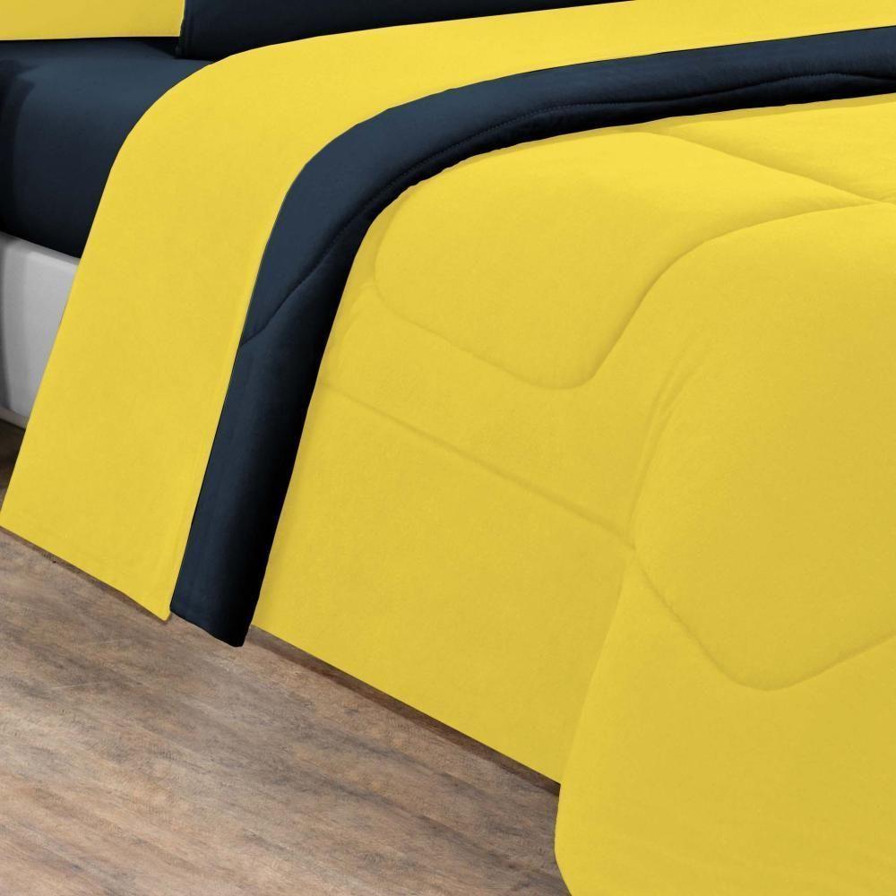 Kit Edredom + Jogo De Lençol Malha 100% Algodão 5 Peças Solteiro - Amarelo-azul Marinho - 4
