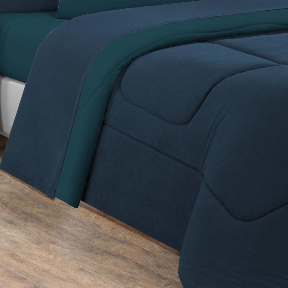Kit Edredom + Jogo De Lençol Malha 100% Algodão 7 Peças Casal - Azul Marinho-azul Petróleo - 4