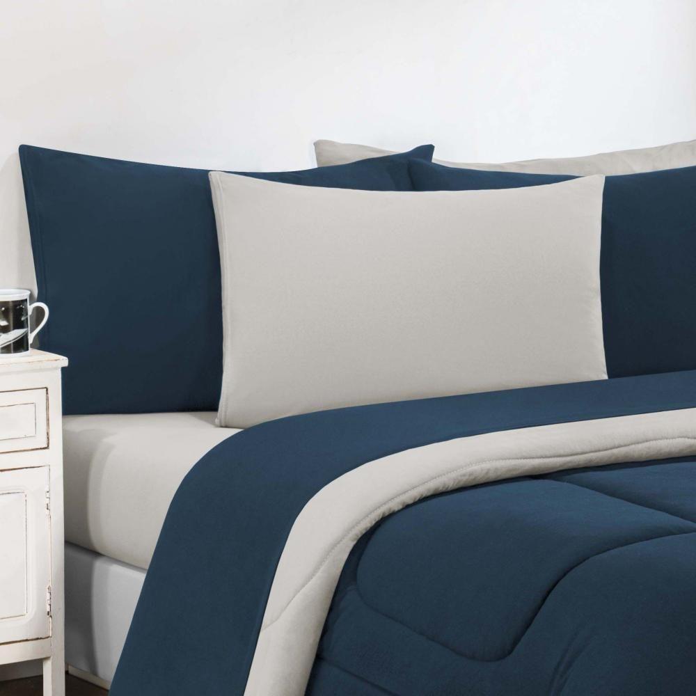 Kit Edredom Malha 100% Algodão Gran Moratta 2 Peças Solteiro - Azul Marinho-palha - 3