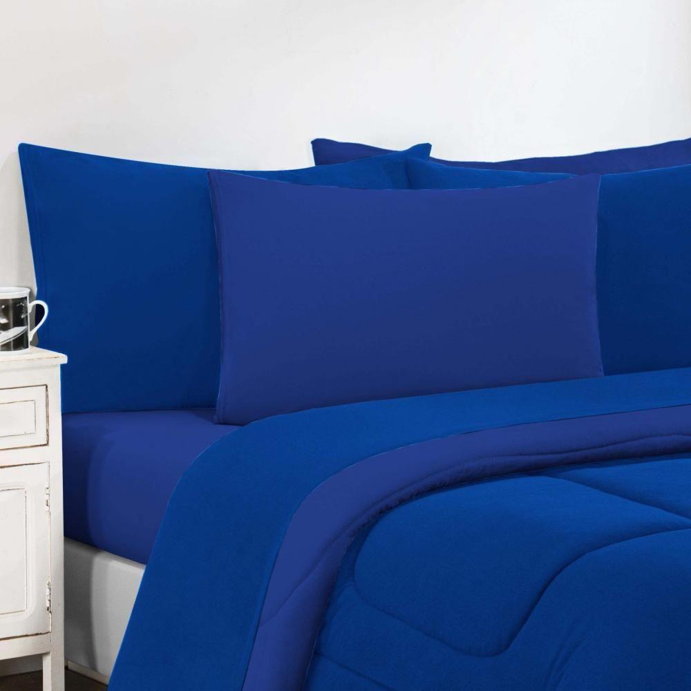 Kit Edredom + Jogo De Lençol Malha 100% Algodão Gran Moratta 7 Peças Casal - Azul Royal-azul Royal - 4