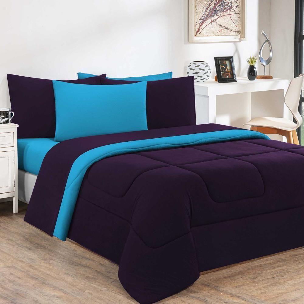 Kit Edredom + Jogo De Lençol Malha 100% Algodão Gran Moratta 7 Peças Queen - Roxo -azul Turquesa - 1