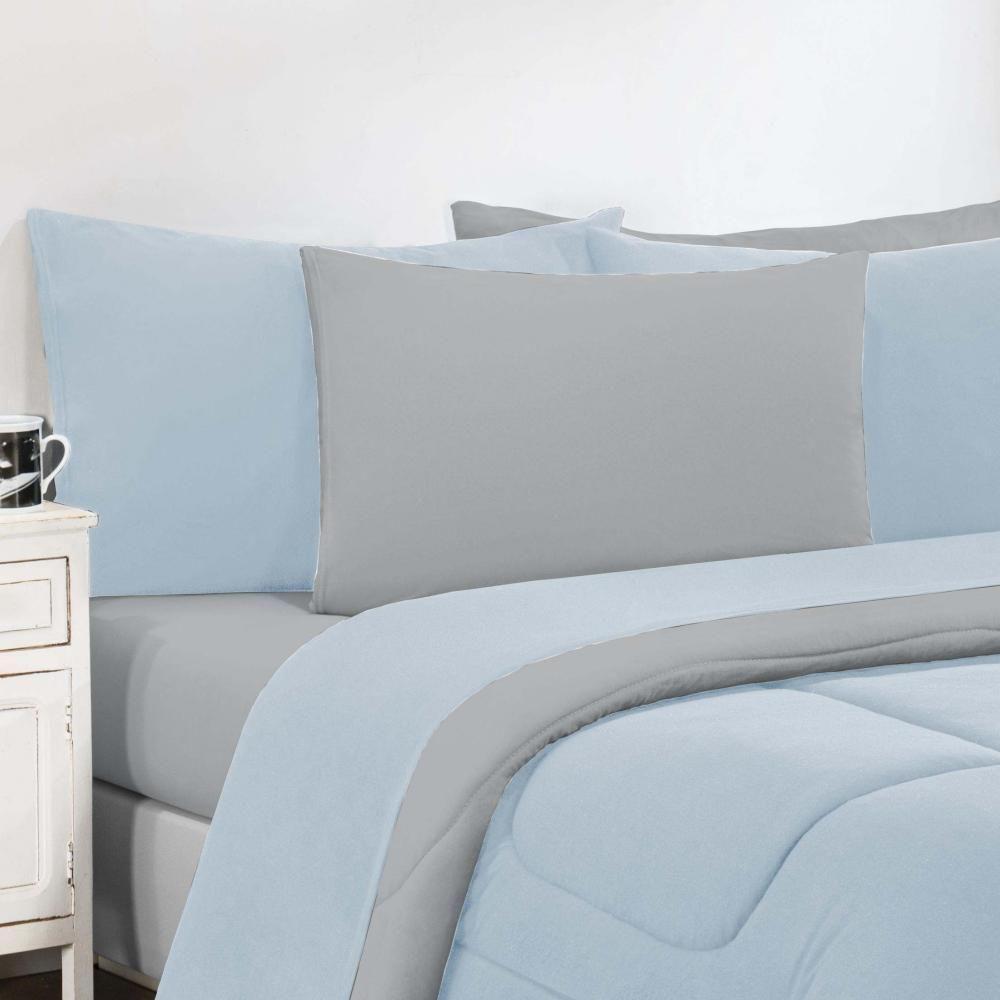 Kit Edredom + Jogo De Lençol Malha 100% Algodão Gran Moratta 5 Peças Solteiro - Azul Bebê-cinza - 3