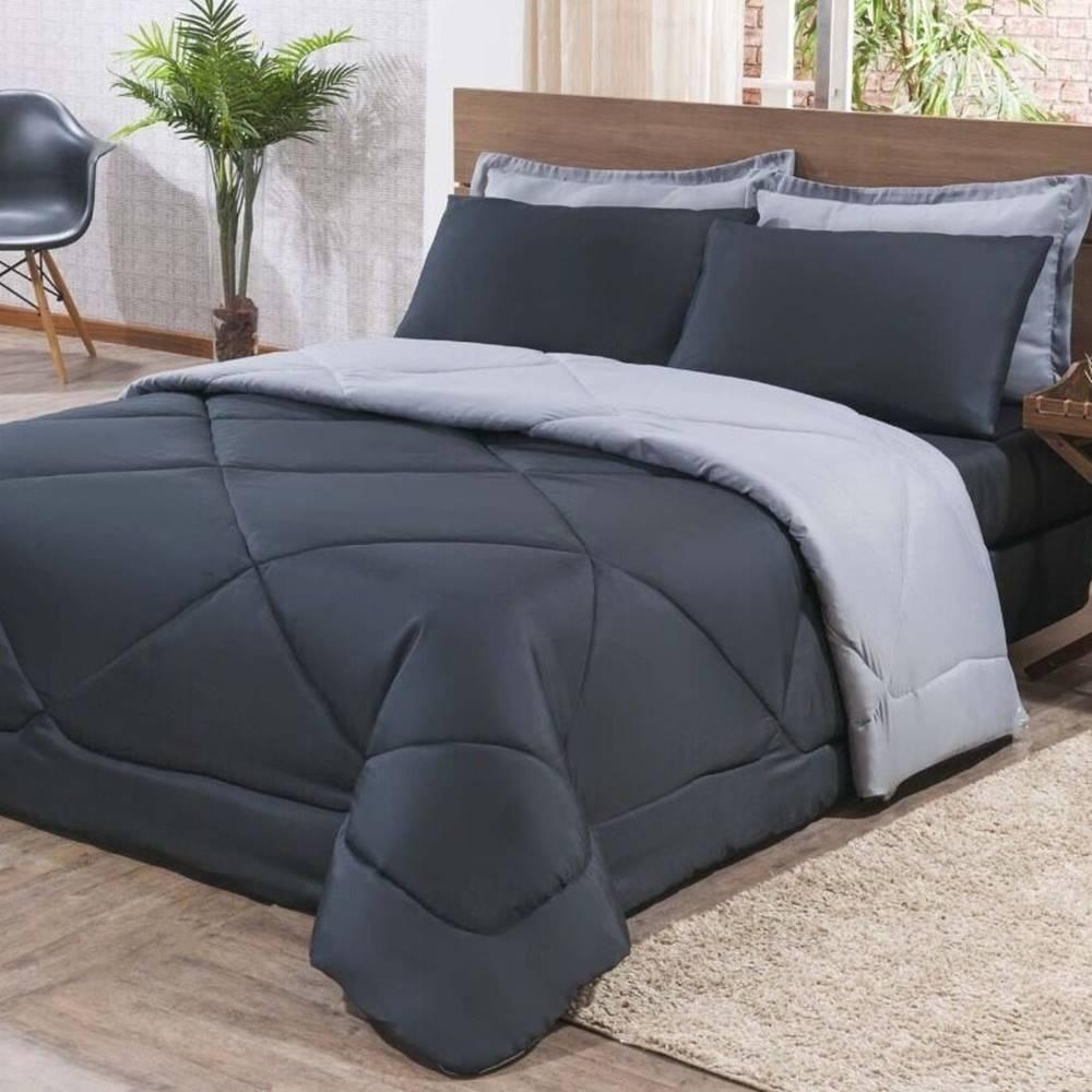 Kit Edredom + Jogo De Lençol Aconchego Look House Dupla Face Casal Queen 06 Peças - Preto- Cinza - 1