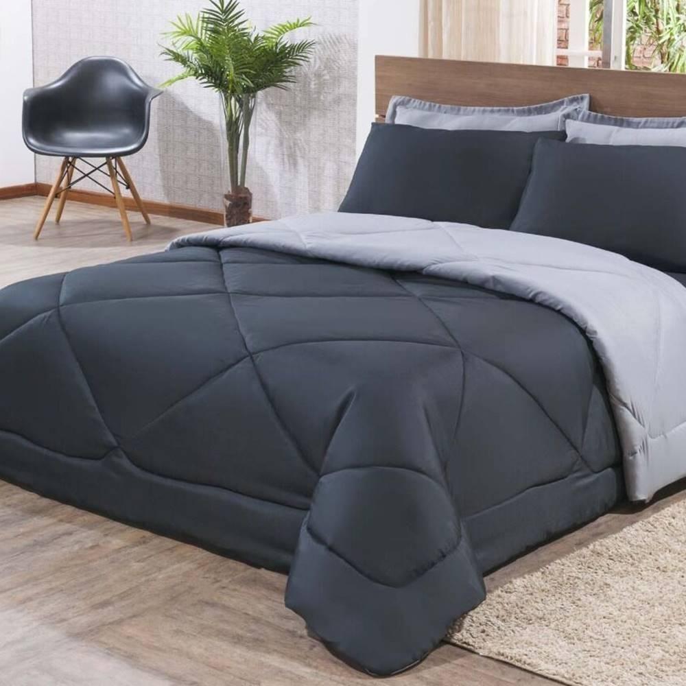 Kit Edredom + Jogo De Lençol Aconchego Look House Dupla Face Casal King 06 Peças - Preto- Cinza - 3