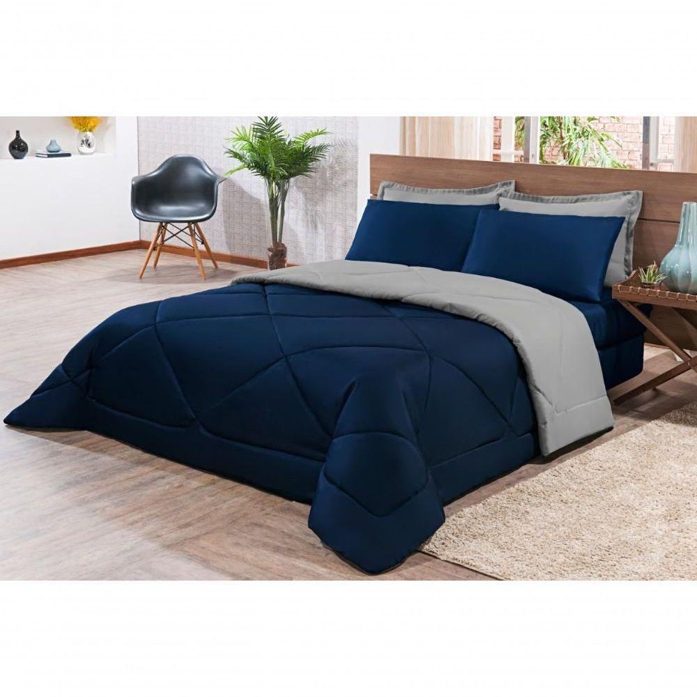 Kit Edredom + Jogo De Lençol Aconchego Look House Dupla Face Solteiro 04 Peças - Azul E Cinza - 6