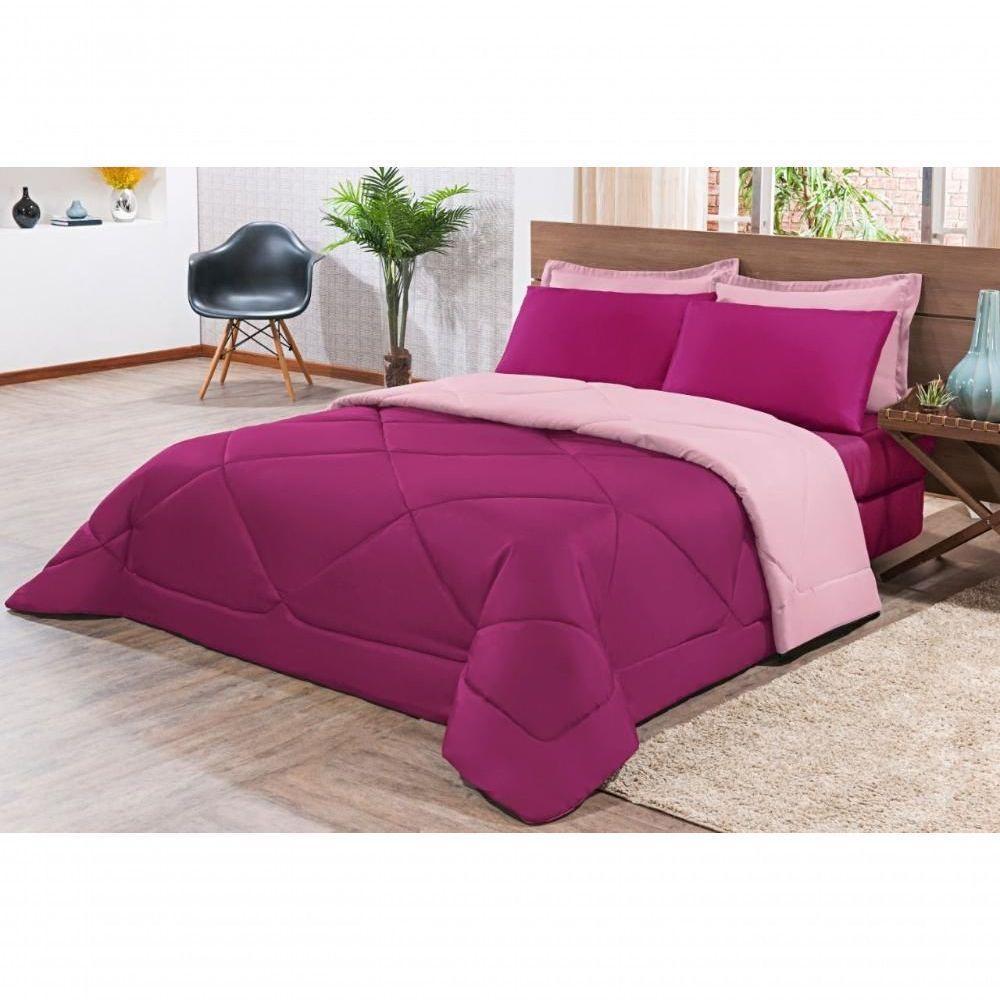 Kit Edredom + Jogo De Lençol Aconchego Look House Dupla Face Casal King 06 Peças - Pink E Rosa - 8