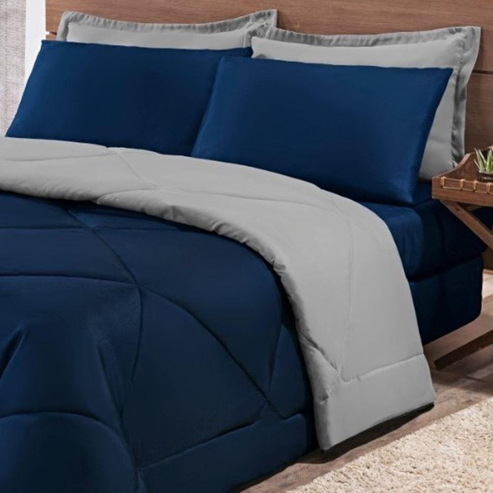 Kit Edredom + Jogo De Lençol Aconchego Look House Dupla Face Casal King 06 Peças - Azul E Cinza - 9