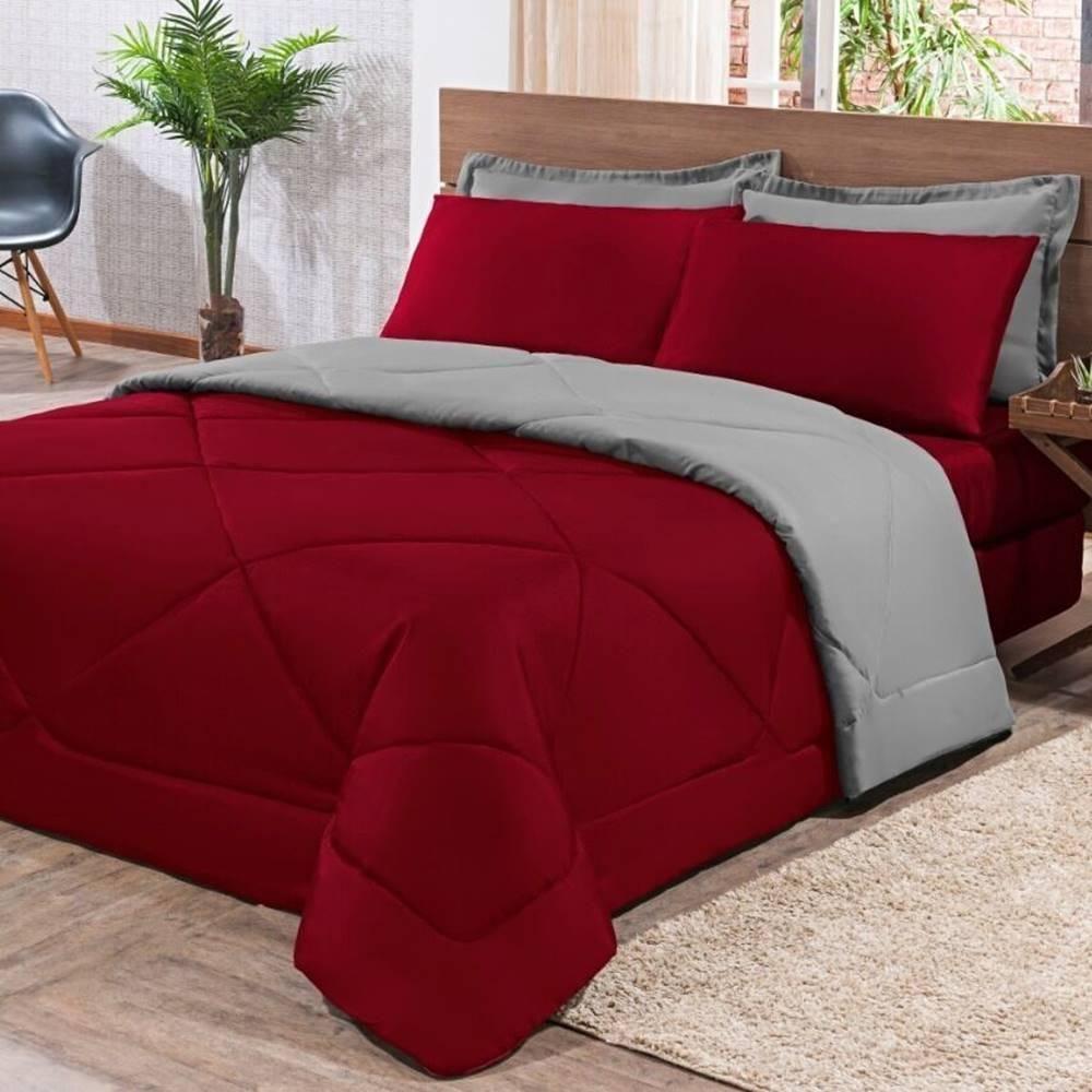 Kit Edredom + Jogo De Lençol Aconchego Look House Dupla Face Casal King 06 Peças - Vermelho E Cinza - 3