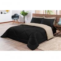 Kit Edredom + Jogo De Lençol Aconchego Look House Dupla Face Solteiro 04 Peças - Preto- Caqui - 1